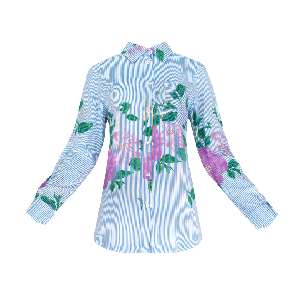 The Ashley Galatea print floral button-down blouse in cotton challis with long sleeves and a collared neckline