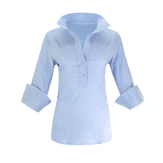 The Gabby Delphine stretch collared pop-over blouse shirt with structured collar, front button placket, and 3/4 sleeves