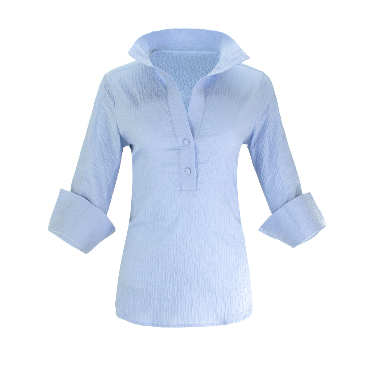 The Gabby Delphine stretch collared pop-over blouse shirt with structured collar, front button placket, and 3/4 sleeves
