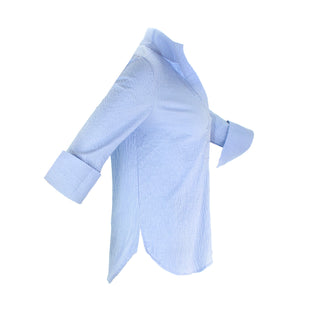 The Gabby Delphine stretch collared pop-over blouse shirt with structured collar, front button placket, and 3/4 sleeves