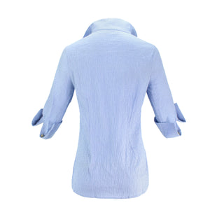 The Gabby Delphine stretch collared pop-over blouse shirt with structured collar, front button placket, and 3/4 sleeves