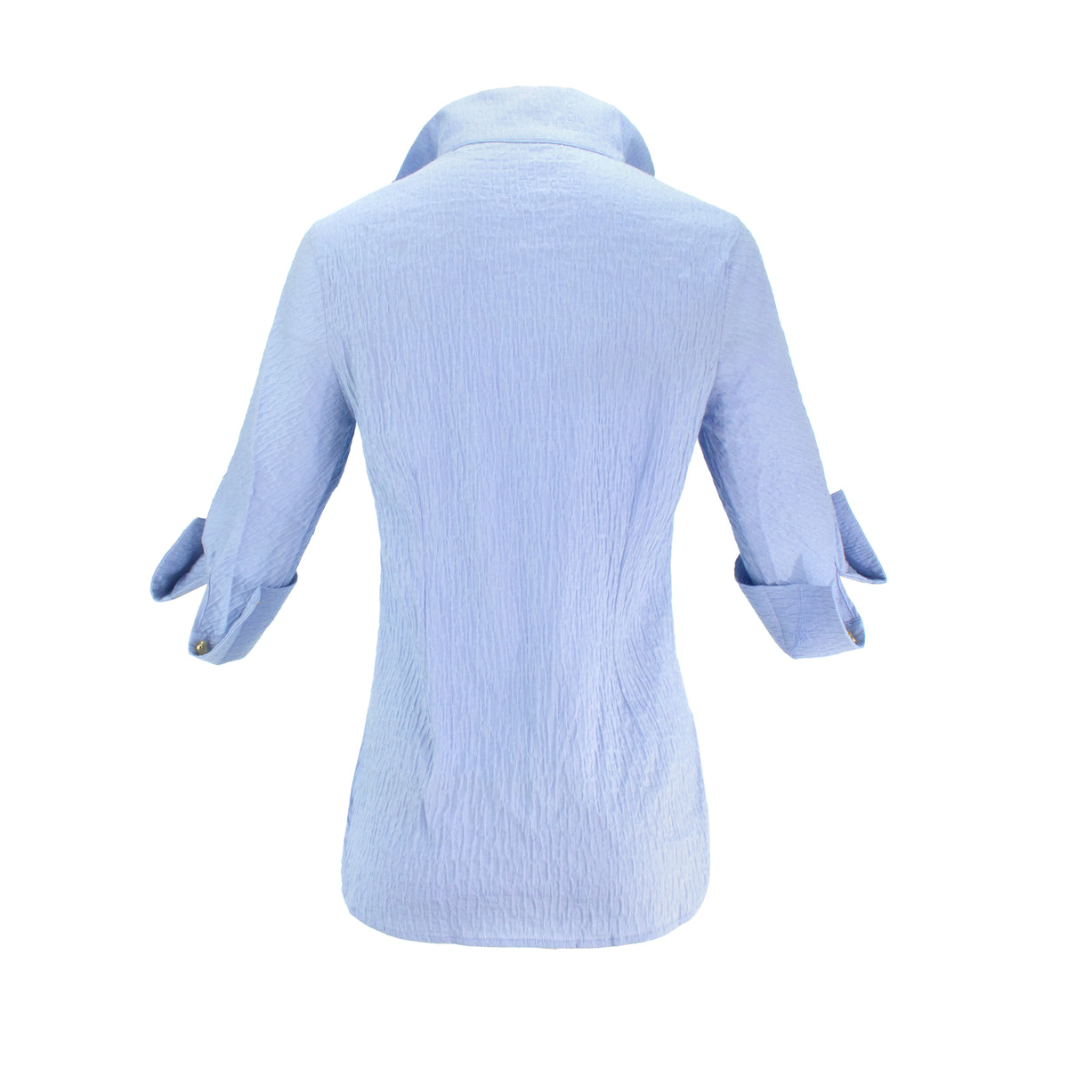 The Gabby Delphine stretch collared pop-over blouse shirt with structured collar, front button placket, and 3/4 sleeves