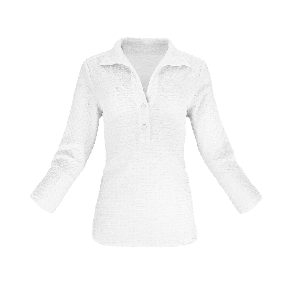 The Gabby Odyssey Check stretch pop-over tunic blouse with textured bubble fabric, collared neckline, long sleeves, front placket, and black Akoya cuff buttons