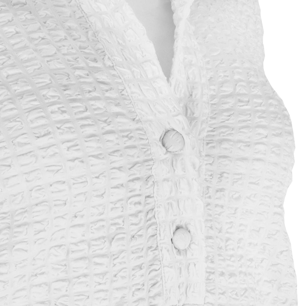 The Gabby Odyssey Check stretch pop-over tunic blouse with textured bubble fabric, collared neckline, long sleeves, front placket, and black Akoya cuff buttons
