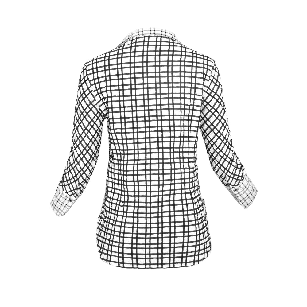 The Gabby Odyssey Check stretch pop-over tunic blouse with textured bubble fabric, collared neckline, long sleeves, front placket, and black Akoya cuff buttons