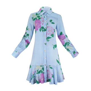 The Galatea floral print cotton challis long sleeve collared button-down knee-length dress with coastal pinstripe detail and full front button closure