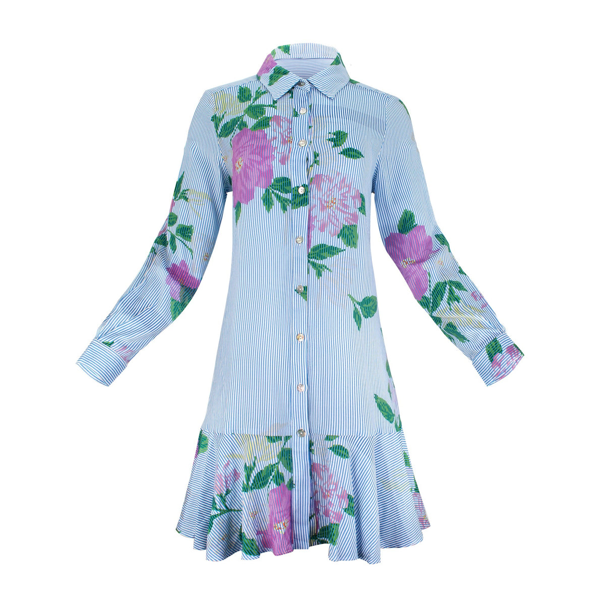 The Galatea floral print cotton challis long sleeve collared button-down knee-length dress with coastal pinstripe detail and full front button closure