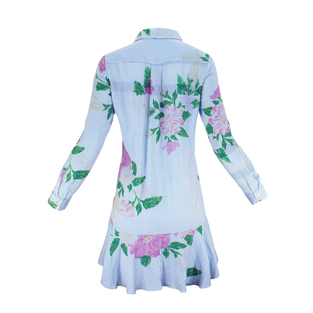 The Galatea floral print cotton challis long sleeve collared button-down knee-length dress with coastal pinstripe detail and full front button closure