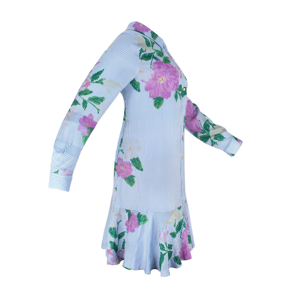 The Galatea floral print cotton challis long sleeve collared button-down knee-length dress with coastal pinstripe detail and full front button closure