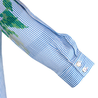 The Galatea floral print cotton challis long sleeve collared button-down knee-length dress with coastal pinstripe detail and full front button closure