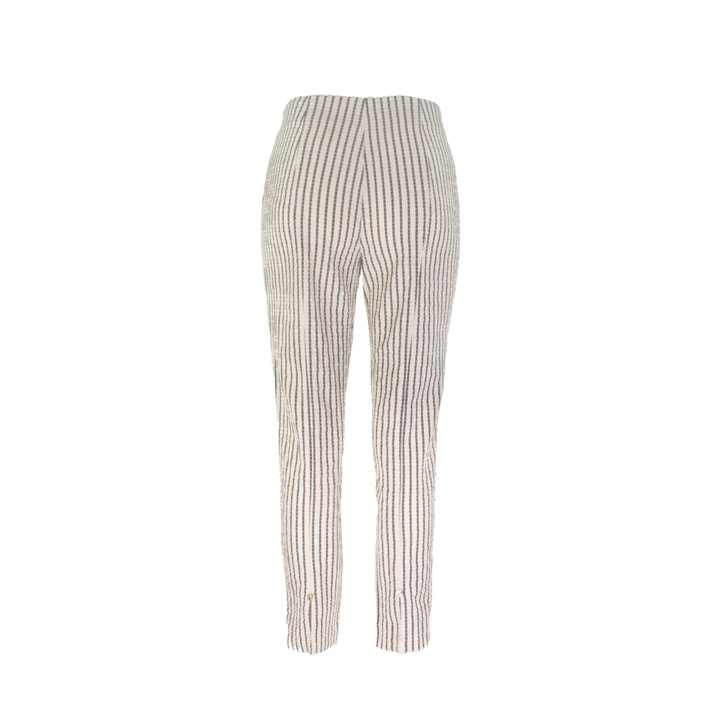 The Matera striped Calypso seersucker pull-on straight leg ankle pant with elastic waistband and lightweight textured finish