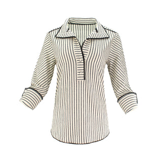 The Ravenna vertical striped collared pop-over tunic top with 3/4 sleeves, button cuffs, and relaxed polished silhouette