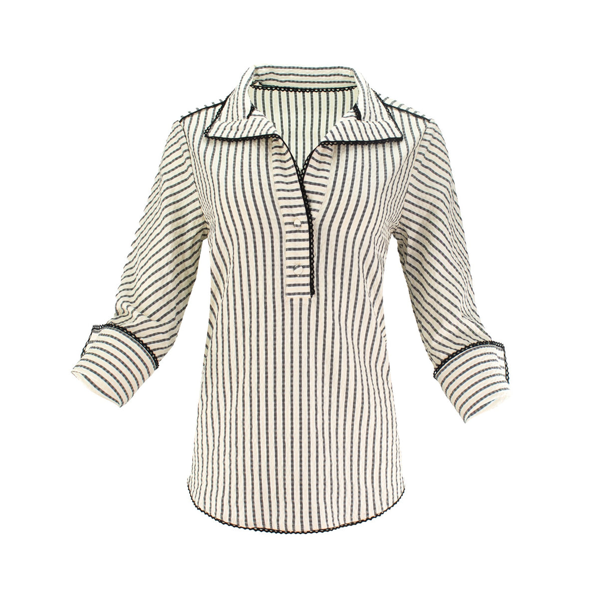 The Ravenna vertical striped collared pop-over tunic top with 3/4 sleeves, button cuffs, and relaxed polished silhouette