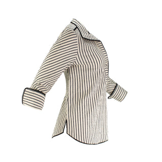 The Ravenna vertical striped collared pop-over tunic top with 3/4 sleeves, button cuffs, and relaxed polished silhouette