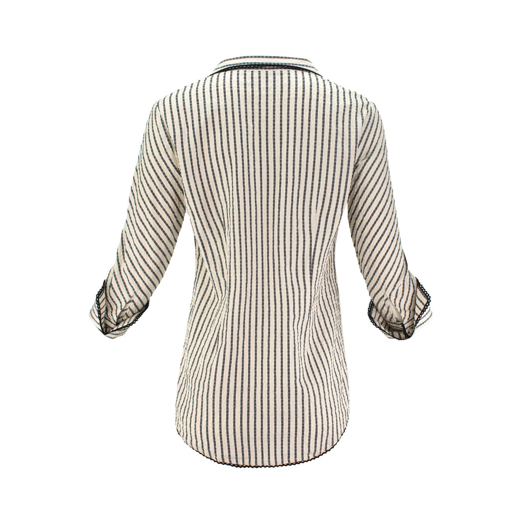 The Ravenna vertical striped collared pop-over tunic top with 3/4 sleeves, button cuffs, and relaxed polished silhouette