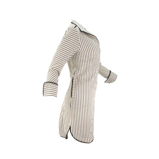 The Urbino striped long sleeve collared pop-over shirt dress with vertical stripes, relaxed lapel neckline, contrast black trim detail, and lightweight breathable fabric