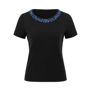The Lorelei Stratus Cotton short sleeve crew neck sweater top with textured frayed twist trim neckline
