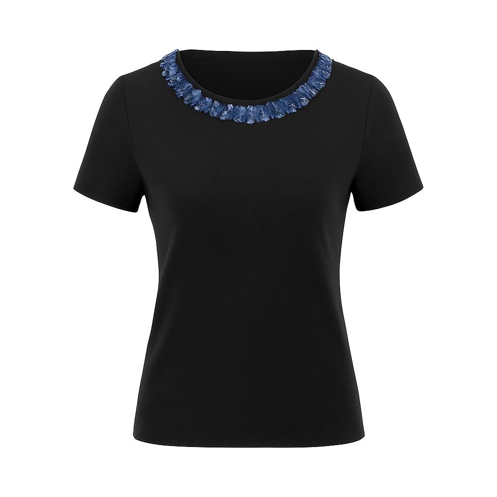 The Lorelei Stratus Cotton short sleeve crew neck sweater top with textured frayed twist trim neckline