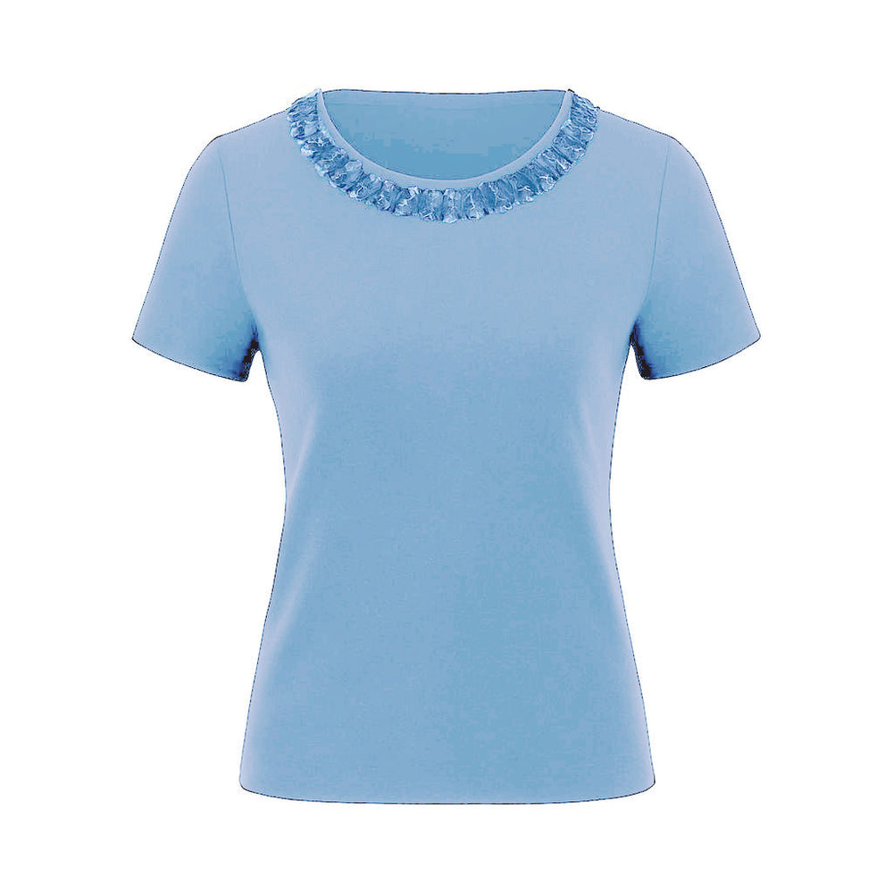 The Lorelei Stratus Cotton short sleeve crew neck sweater top with textured frayed twist trim neckline