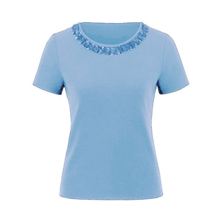 The Lorelei Stratus Cotton short sleeve crew neck sweater top with textured frayed twist trim neckline