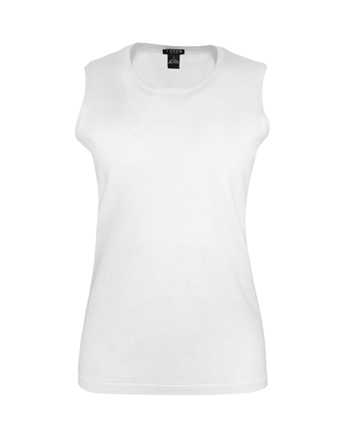 Streamlined sleeveless crew neck knit shell sweater top designed for easy layering and everyday wear