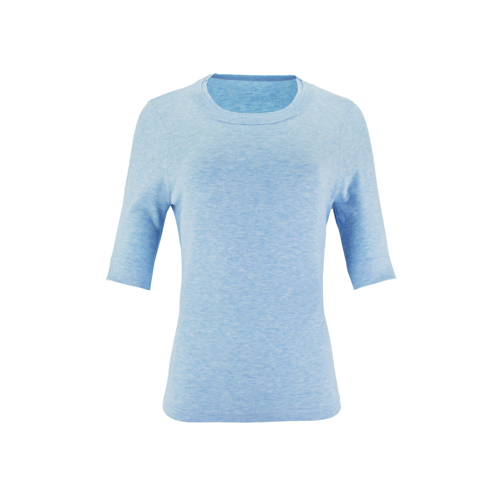 The Gee-Gee Stolen Softness crew neck elbow sleeve knit tee sweater top with clean silhouette, side slit, and shell-colored button detail