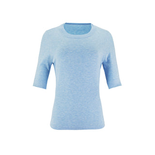 The Gee-Gee Stolen Softness crew neck elbow sleeve knit tee sweater top with clean silhouette, side slit, and shell-colored button detail