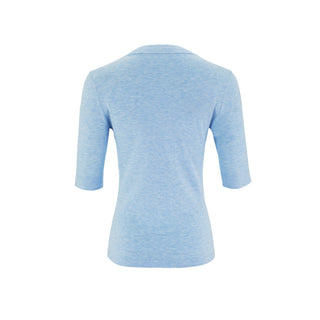 The Gee-Gee Stolen Softness crew neck elbow sleeve knit tee sweater top with clean silhouette, side slit, and shell-colored button detail