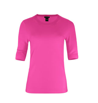 The Gee-Gee Stolen Softness crew neck elbow sleeve knit tee sweater top with clean silhouette, side slit, and shell-colored button detail