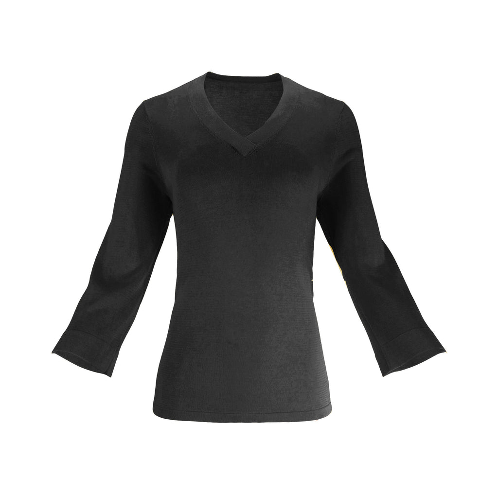 The Tide Airsilk cotton silk lightweight V-neck sweater top with relaxed fit, soft drape, and 3/4 sleeves designed for effortless layering