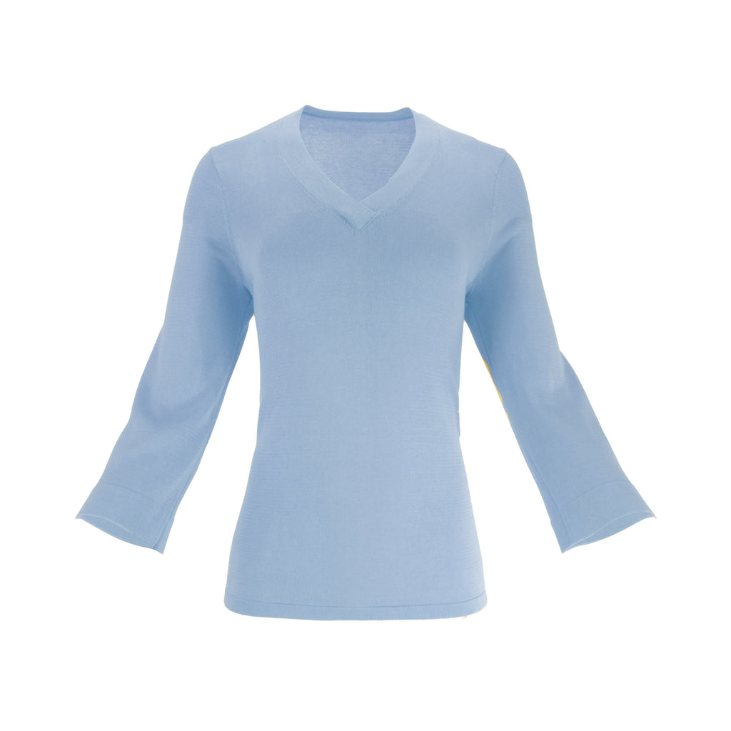 The Tide Airsilk cotton silk lightweight V-neck sweater top with relaxed fit, soft drape, and 3/4 sleeves designed for effortless layering