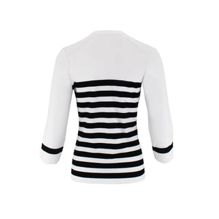The Voyager nautical striped crew neck sweater top with fitted silhouette, 3/4 sleeves, and decorative shoulder button detailing