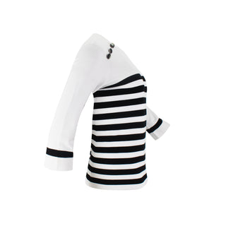 The Voyager nautical striped crew neck sweater top with fitted silhouette, 3/4 sleeves, and decorative shoulder button detailing