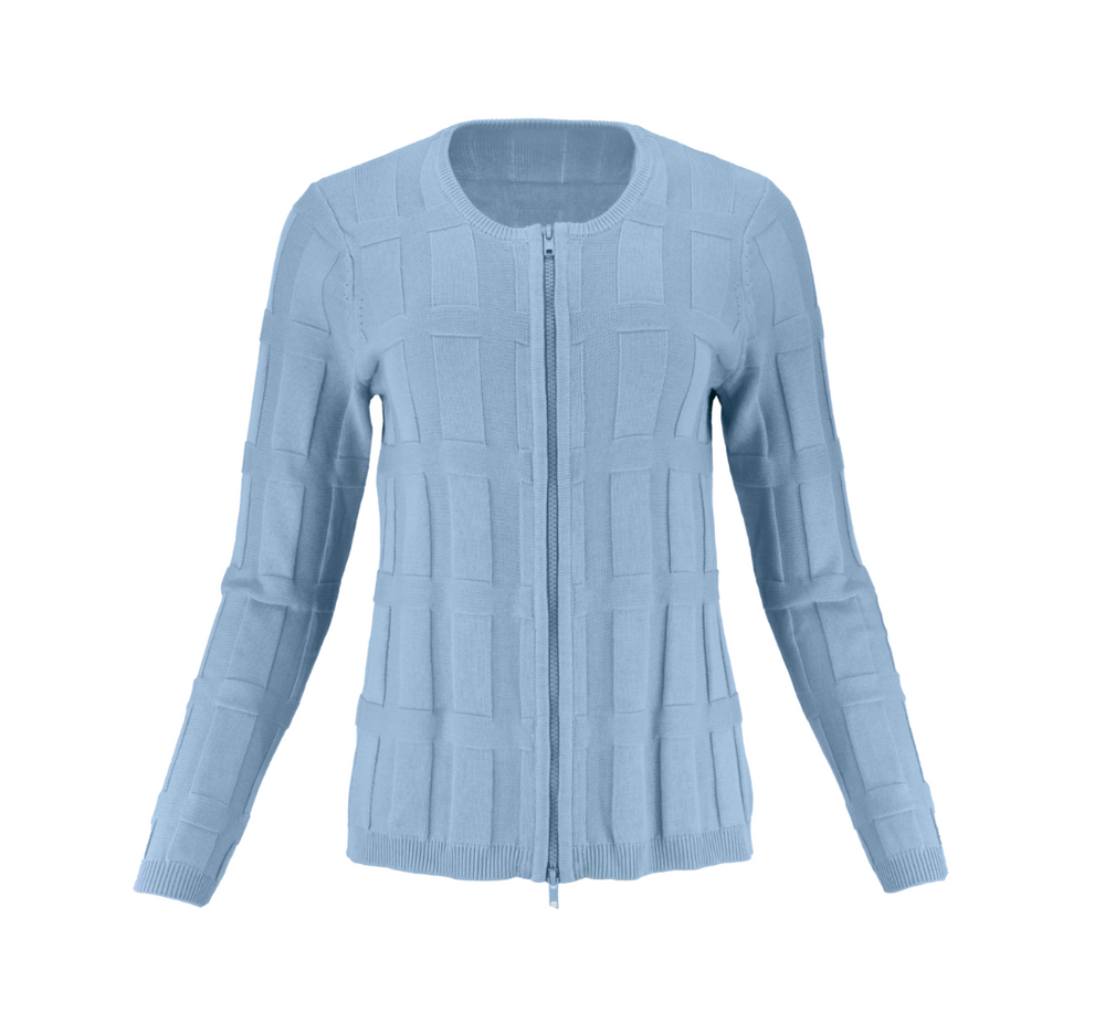 The Cove zip-up textured knit long sleeve cardigan jacket with rectangular motif detailing and streamlined silhouette