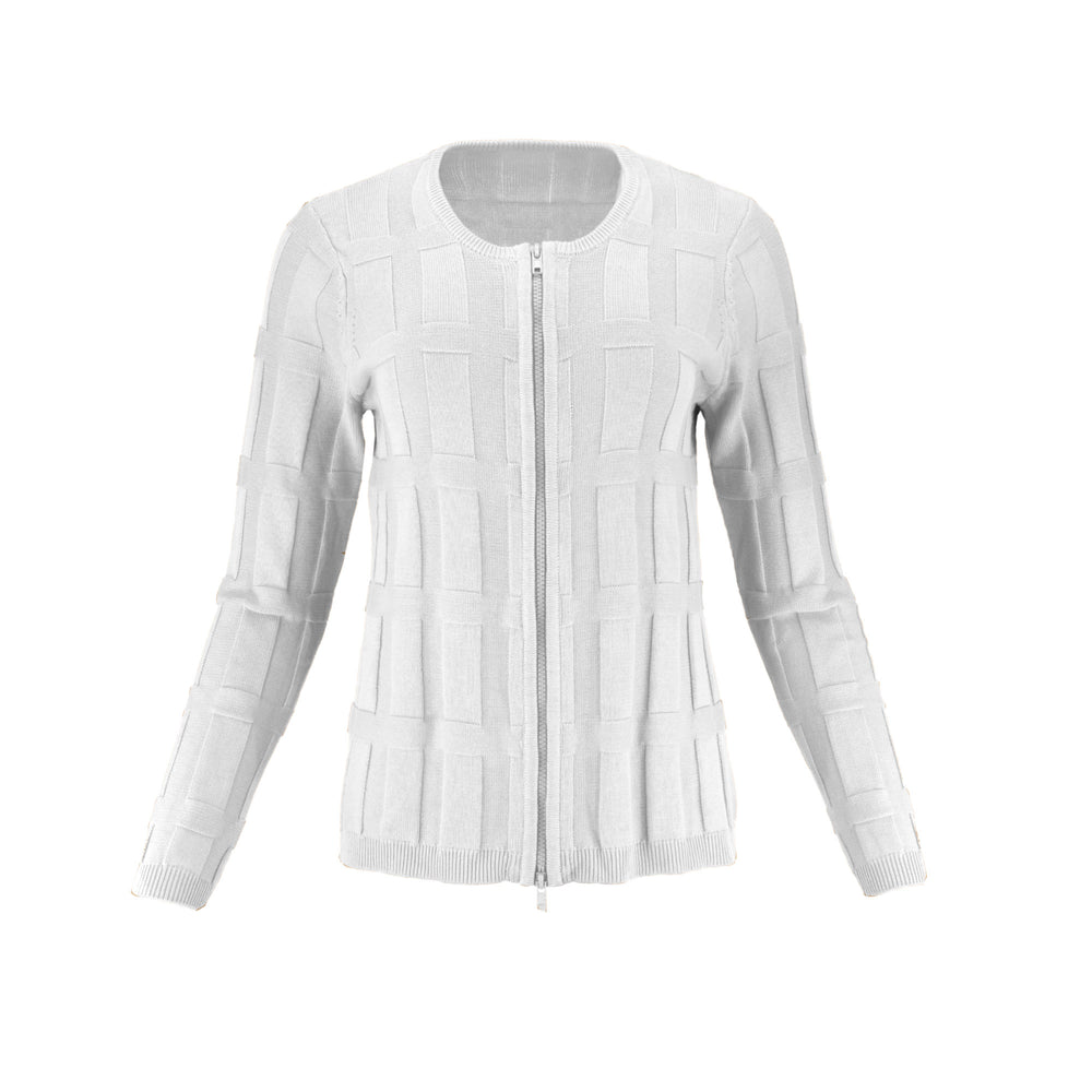 The Cove zip-up textured knit long sleeve cardigan jacket with rectangular motif detailing and streamlined silhouette