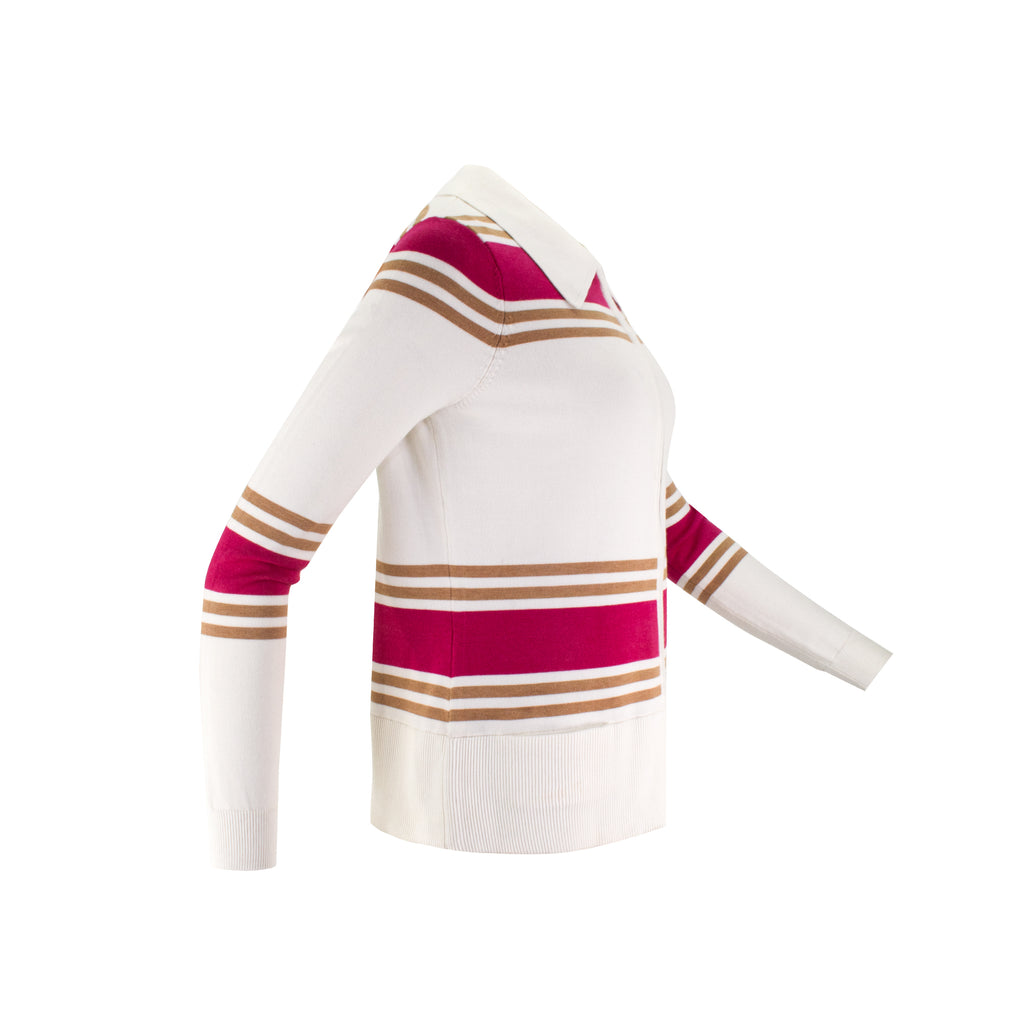 The Sirocco Stolen Softness striped zip-up cardigan jacket with collared neckline, fitted silhouette, and long sleeves
