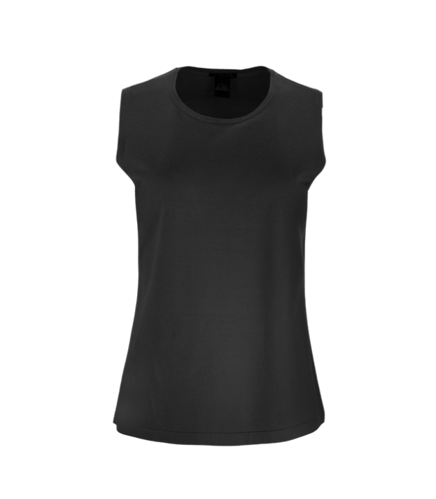 Streamlined sleeveless crew neck knit shell sweater top designed for easy layering and everyday wear