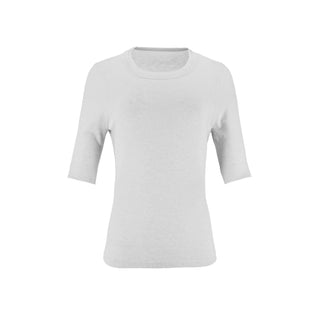 The Gee-Gee Stolen Softness crew neck elbow sleeve knit tee sweater top with clean silhouette, side slit, and shell-colored button detail