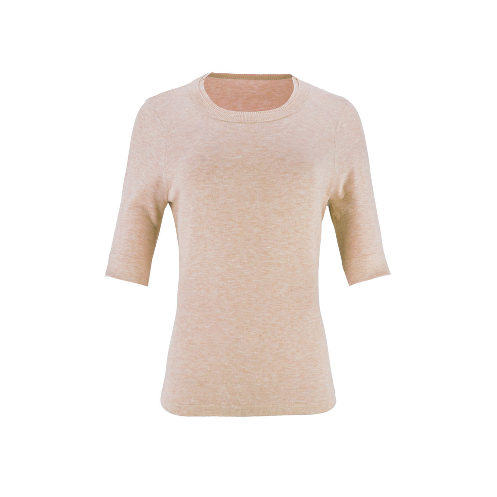 The Gee-Gee Stolen Softness crew neck elbow sleeve knit tee sweater top with clean silhouette, side slit, and shell-colored button detail
