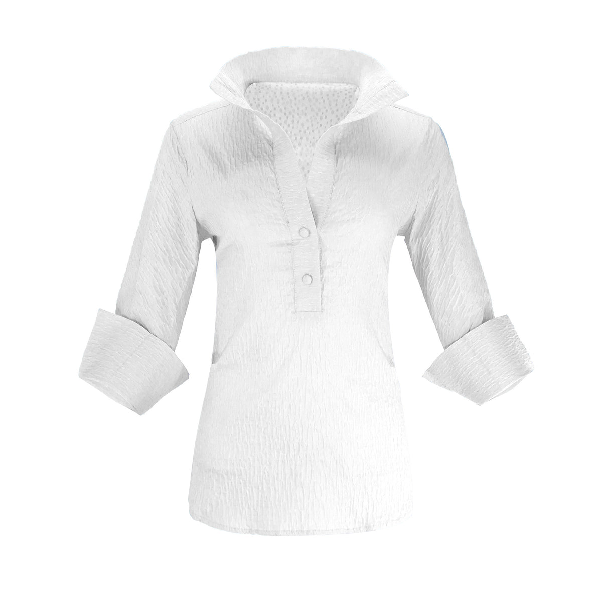 The Gabby Delphine stretch collared pop-over blouse shirt with structured collar, front button placket, and 3/4 sleeves