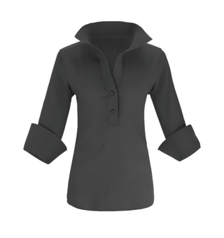 The Gabby Delphine stretch collared pop-over blouse shirt with structured collar, front button placket, and 3/4 sleeves