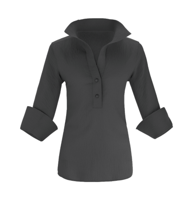 The Gabby Delphine stretch collared pop-over blouse shirt with structured collar, front button placket, and 3/4 sleeves