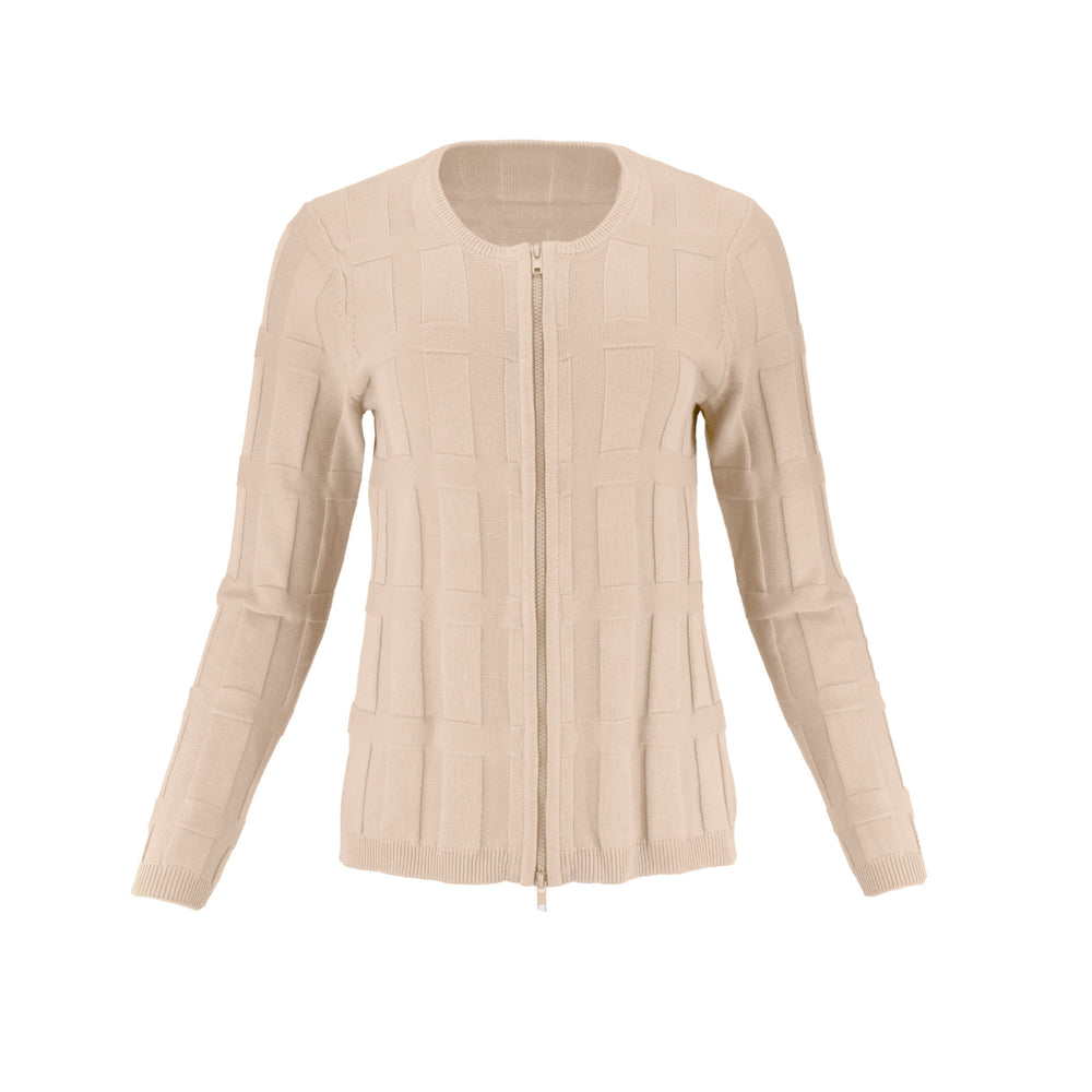 The Cove zip-up textured knit long sleeve cardigan jacket with rectangular motif detailing and streamlined silhouette