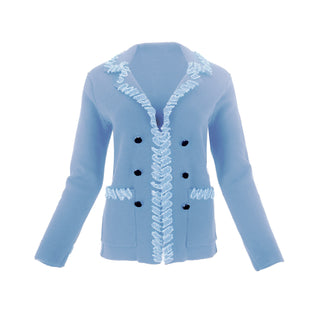 The Lorelei Stratus Cotton double-breasted tailored blazer jacket with long sleeves, structured front pockets, and frayed trim detail