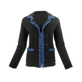 The Lorelei Stratus Cotton double-breasted tailored blazer jacket with long sleeves, structured front pockets, and frayed trim detail