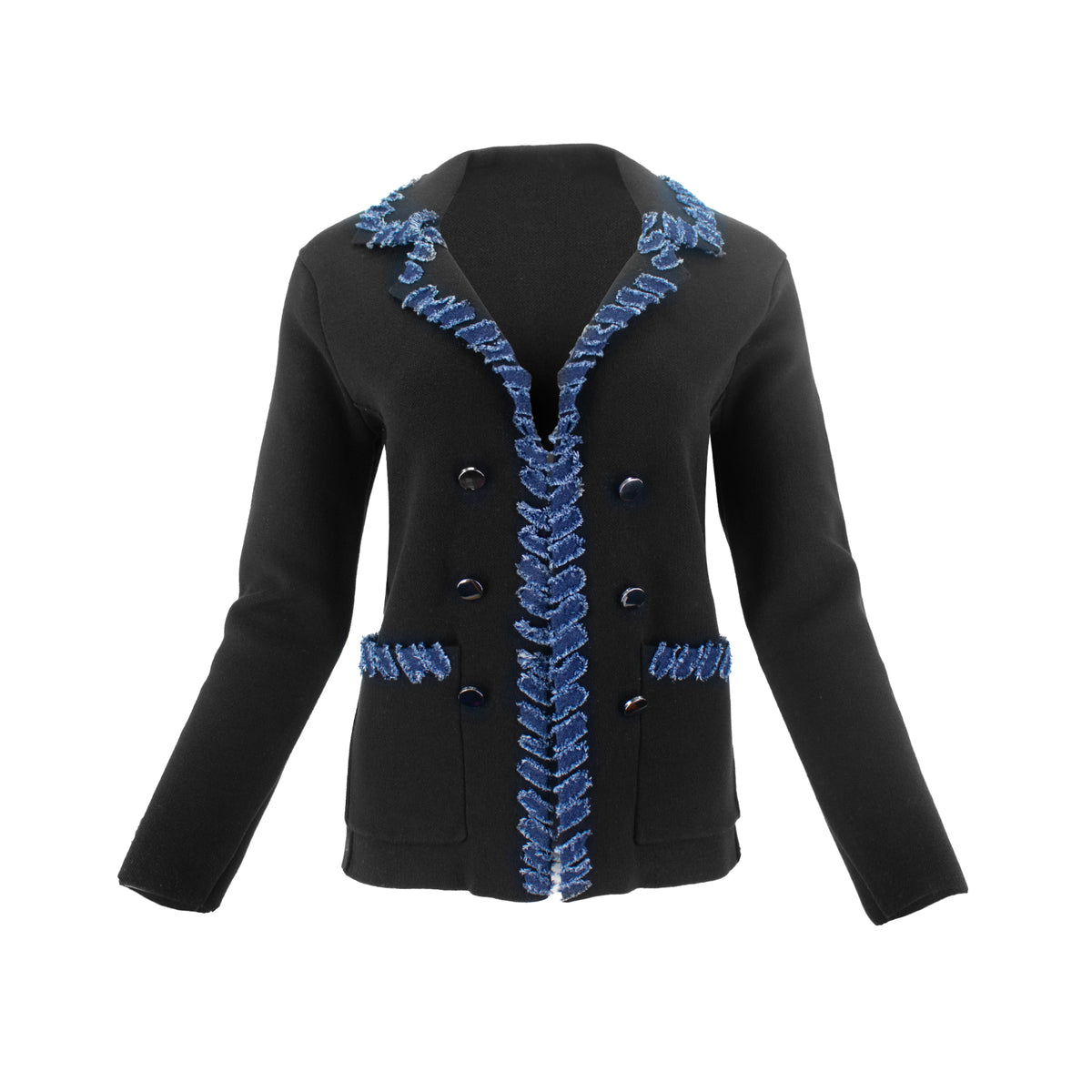 The Lorelei Stratus Cotton double-breasted tailored blazer jacket with long sleeves, structured front pockets, and frayed trim detail