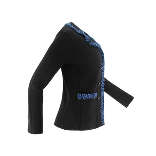 The Lorelei Stratus Cotton double-breasted tailored blazer jacket with long sleeves, structured front pockets, and frayed trim detail