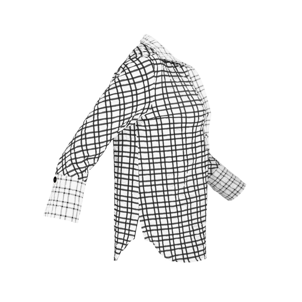The Gabby Odyssey Check stretch pop-over tunic blouse with textured bubble fabric, collared neckline, long sleeves, front placket, and black Akoya cuff buttons