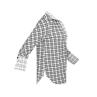 The Gabby Odyssey Check stretch pop-over tunic blouse with textured bubble fabric, collared neckline, long sleeves, front placket, and black Akoya cuff buttons