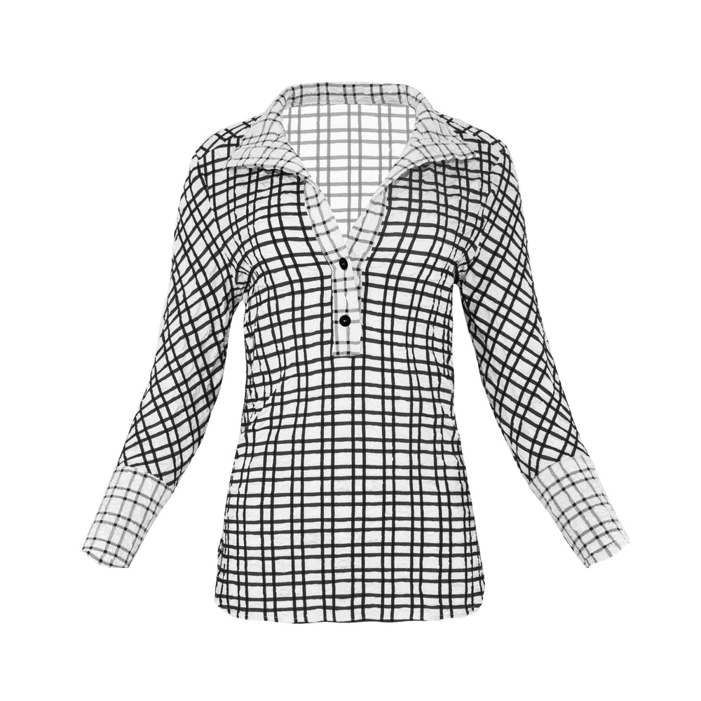 The Gabby Odyssey Check stretch pop-over tunic blouse with textured bubble fabric, collared neckline, long sleeves, front placket, and black Akoya cuff buttons